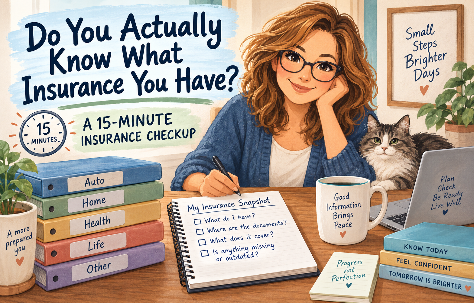 Hand-painted illustration of a woman reviewing an insurance checklist with policy binders labeled Auto, Home, Health, Life, and Other.