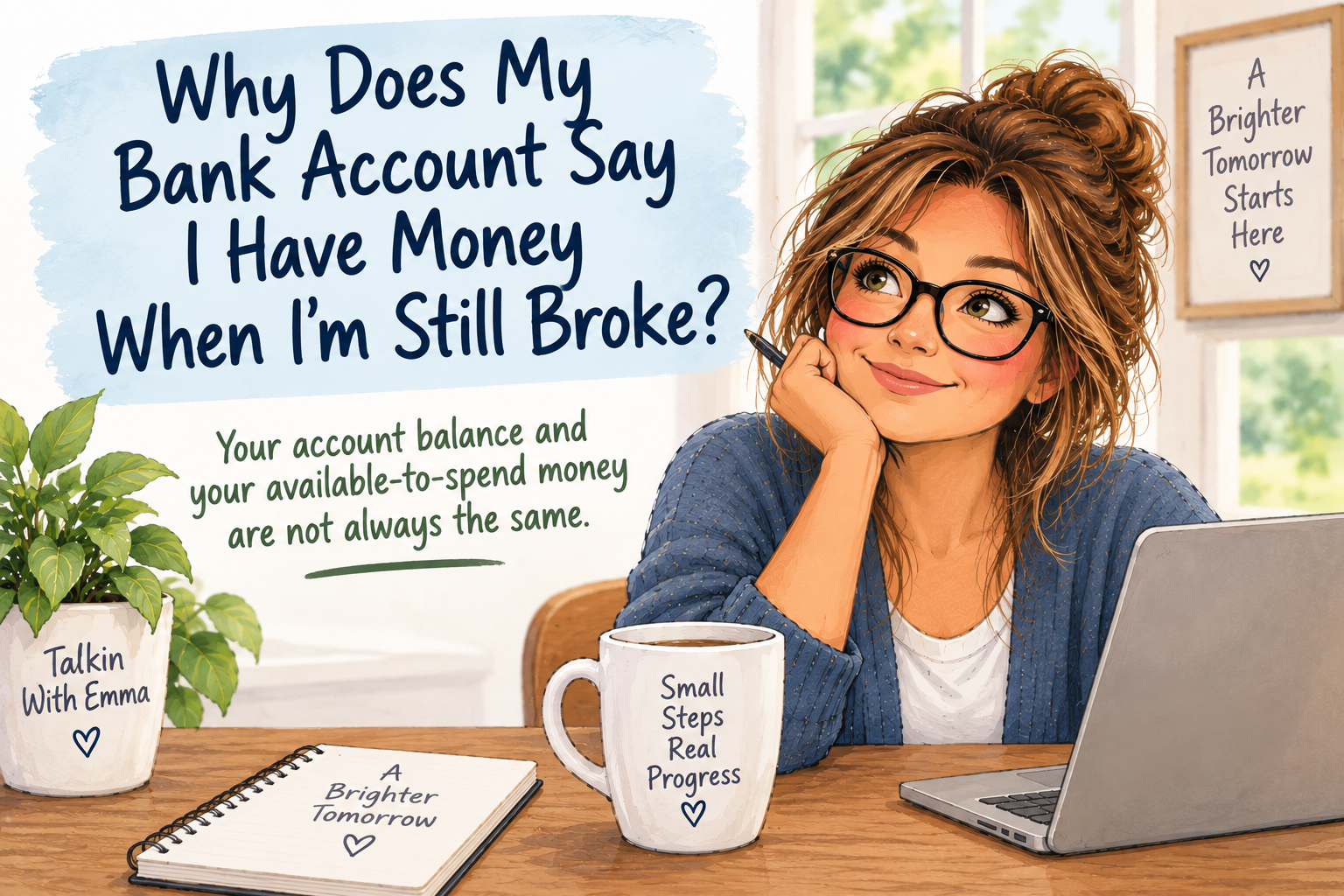 Why does my bank account say I have money when I'm still broke? Budgeting illustration from Talkin With Emma.